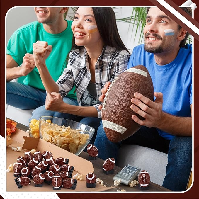 50 Pcs Mini Football Figurine for Crafts Resin Miniature Football with Base Small Sports Ball Mini Sport Balls Simulation Model for DIY Birthday Gift Bag Stuffer Party Decor Cake Topper