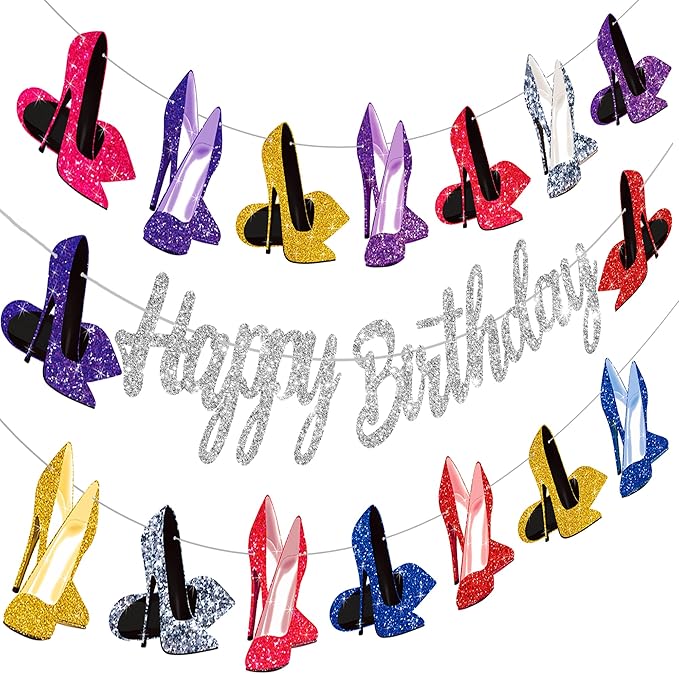 High Heel Shoes Banners Bridal Shower Engagement Party Decor Heel Birthday Party Decorations Silver Glitter High Heels Happy Birthday Banners for Girls Ladies Bridal Shower Supplies