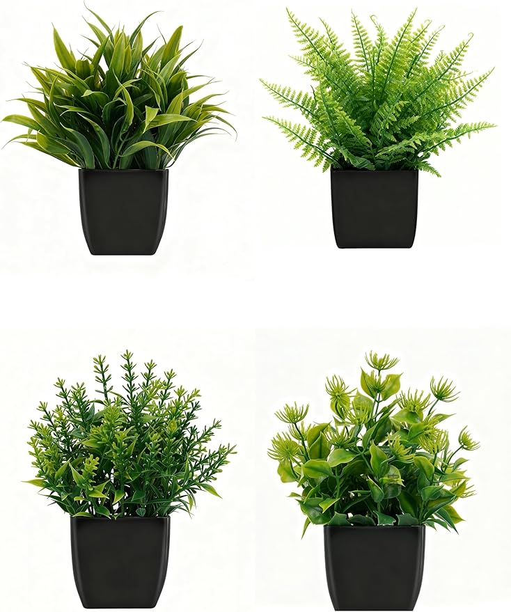 Kemaiyi 4 Pack Small Artificial Plants in Pots, Faux Mini Potted Fake Greenery Assortment for Home Office Desk Decor, Realistic Lifelike Plastic Foliage Indoor Outdoor Decoration