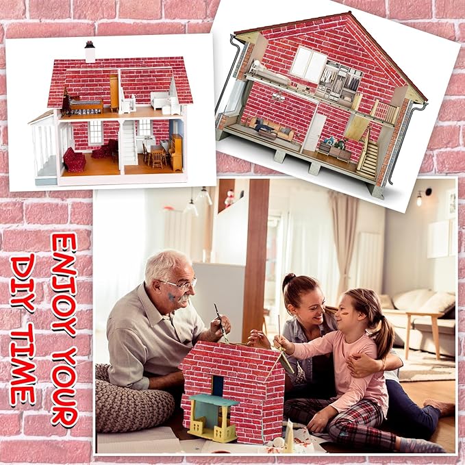 35 Pcs Miniature Dollhouse Wallpaper Self-Adhesive Mini DIY Floorboards Wall Paper Real Life DIY Decoration for Dollhouse(Red)