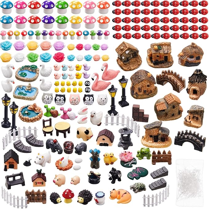 200 Pcs Miniature Garden Accessories, Including Animals, Mini Houses and DIY Dollhouse Decoration, Miniature Figurines, Micro Landscape Ornaments, Garden DIY Kit