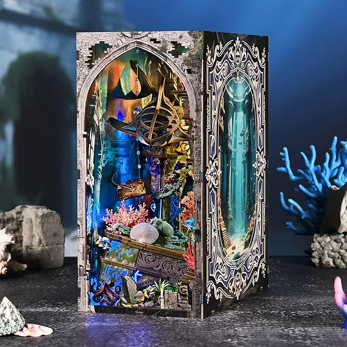 Book Nook Kit - DIY Miniature Dollhouse Kit for Adults and Teens, 3D Wooden Puzzle Bookend with LED Light, Creative Bookshelf Decor Gifts for Family and Friends (Lost City of Atlantis)