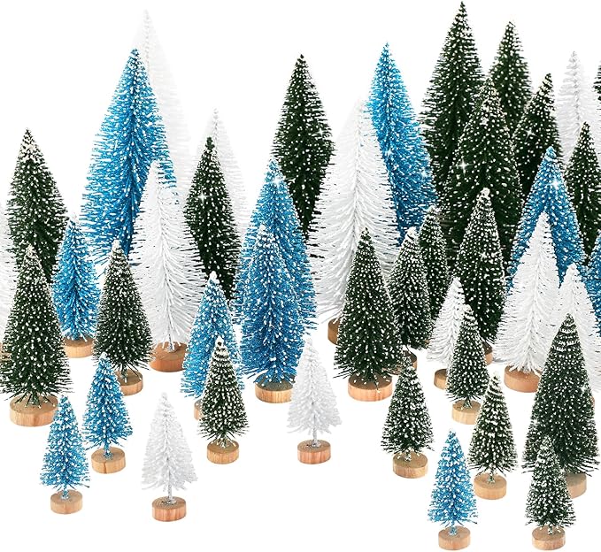 30Pcs Mini Christmas Tree Decor, Artificial Christmas Tree 5 Sizes,Mini Sisal Snow Frost Trees with Wooden Base for Christmas Decor Christmas Party Home Table Craft Decorations (Green/Blue)