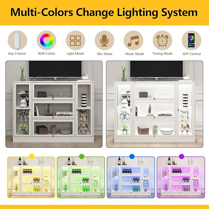 Display Cabinet with Acrylic Glass Doors,Extra Wide Curio Cabinet with LED Lighting for Collectibles, Collectibles Toy Organizers Rack & Display Shelf Display Case, White