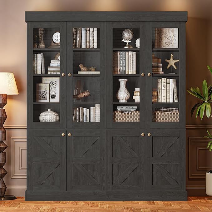 71" Tall Farmhouse Kitchen Pantry, Rustic Large Storage Cabinet with Glass Doors, Adjustable Shelves, Wood Versatile Hutch Cabinet for Dining Room, Living Room, Black