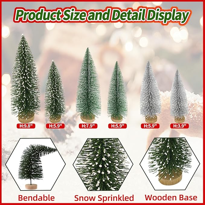 Yahpetes Christmas Trees 6 Pcs Artificial Bottle Brush Tabletop Trees Christmas Table Decorations for Xmas Holiday Party Decor (Silver,Green,Dark Green 6Pcs)