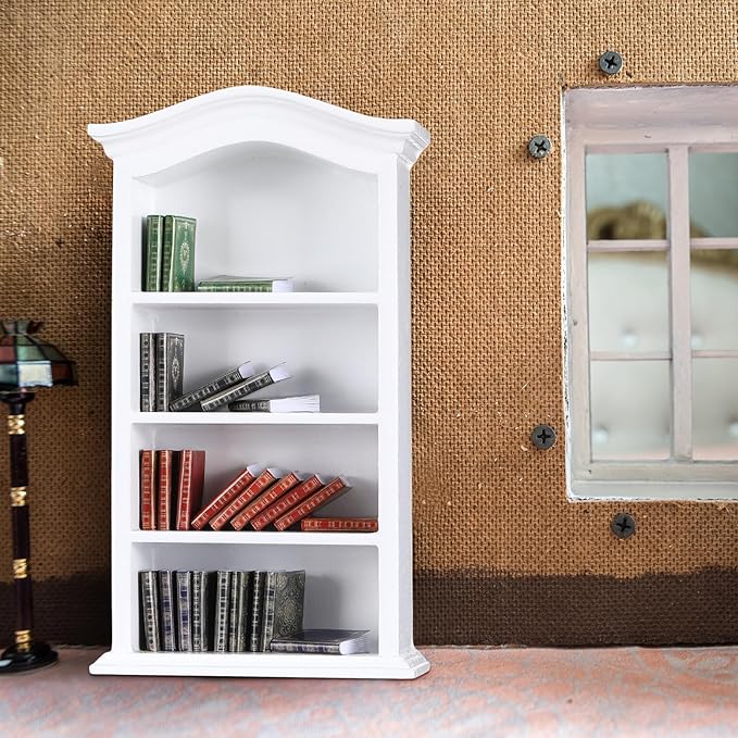 Poen 27 Pcs 1: 12 Scale Miniatures Dollhouse Books and a Wooden Bookcase 4 Floors Dollhouse Bookshelf Decoration Accessories for House Bedroom, White