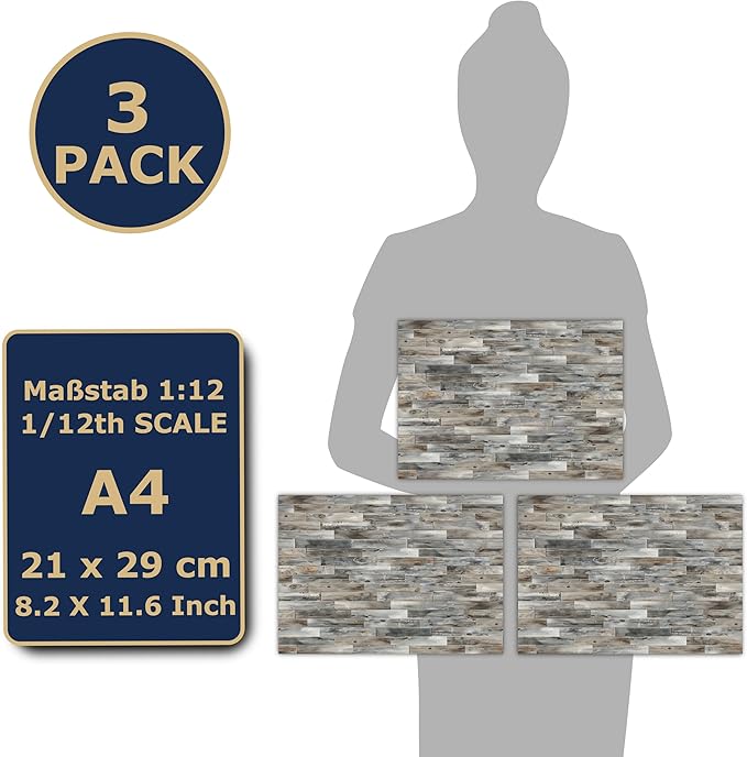 3 Sheets Self-Adhesive Flooring for Dollhouse 1:12 Scale (Winter Oak)