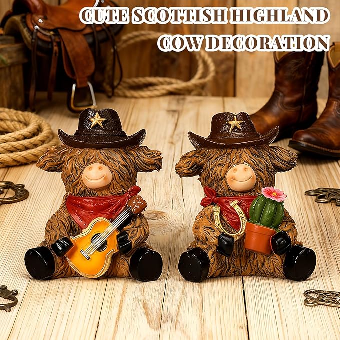 Burbell 2 Pcs Highland Cow Figurines Decor Cowboy Gnomes with Western Cowboy Hat Resin Statue Calf Lovers Gifts for Farmhouse Home Garden Bathroom Kitchen Office Tiered Tray Table Decor