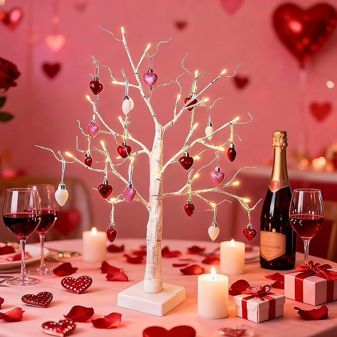 HipTree 2-Pack Lighted Valentines Day Easter Spring Christmas Tree Decorations Indoor, 2ft Birch Tree with LED Lights, Small Tabletop Patriotic Tree with Lights, Warm White Battery- Powered