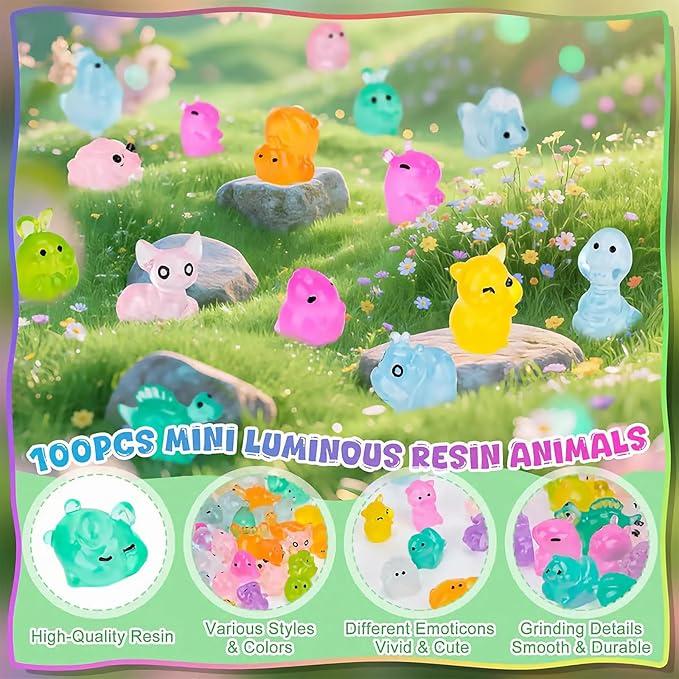 Mini Glow in The Dark Animal Resin Models Mystery Resin Animals Individually Wrapped Blind Bag Hide Small Luminous Figures DIY Fairy Garden House Micro Landscape Aquarium Decor Random Design (200)