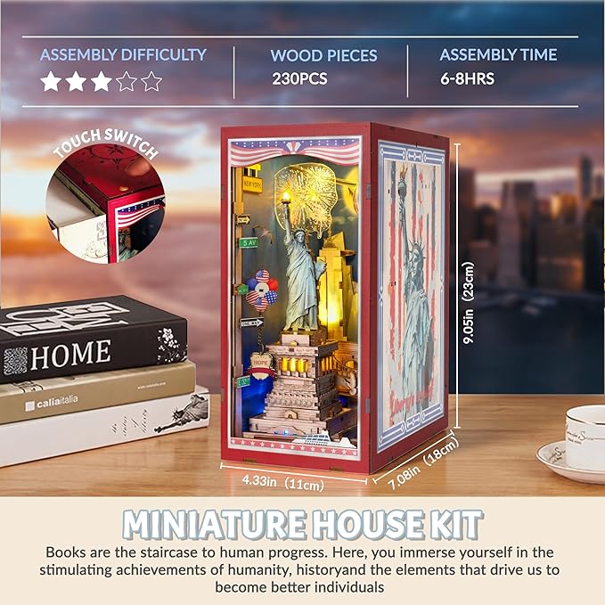 Book Nook Kit, DIY Miniature House Dollhouse Crafts Kit for Adults and Teens, The Statue of Liberty New York Cityline 3D Wooden Puzzle Booknook Build Bookshelf Decor Gifts（Liberty's Legacy）
