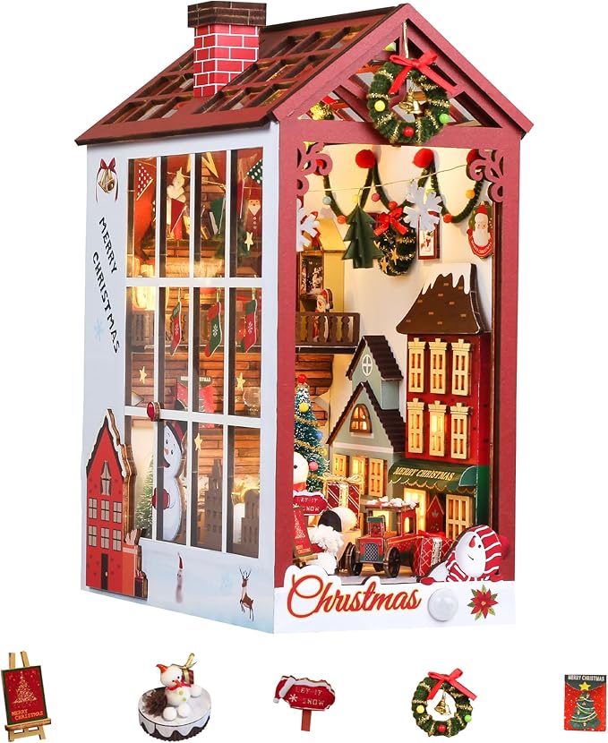 DIY Dollhouse Booknook, Book Nook Miniature Kit for Bookshelf Insert Decor Crafts for Adults and Teens, 3D Wooden Bookends with Sensor Led Light (Merry Christmas)