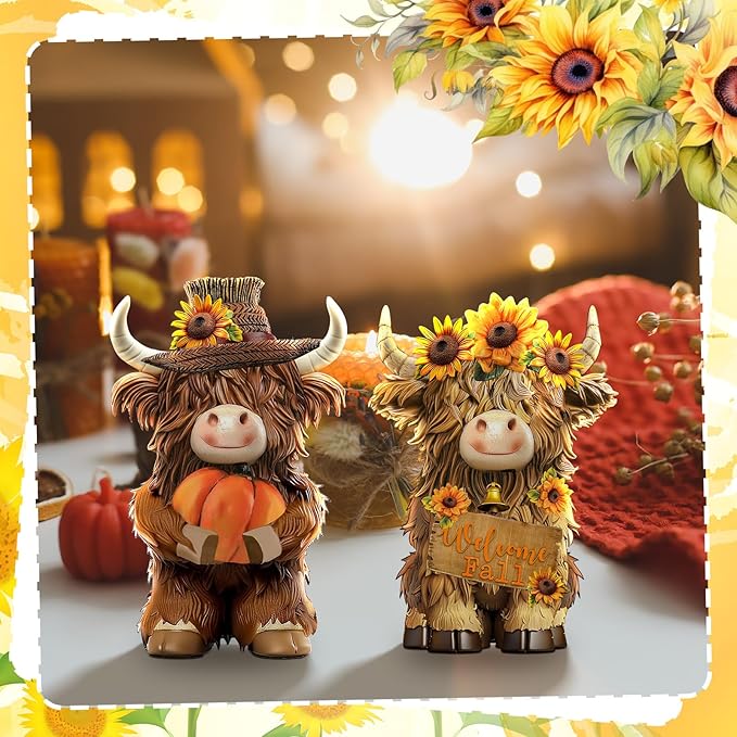 2 Pack Fall Thanksgiving Decor Highland Cow Resin Figurine Fall Pumpkin Flower Highland Cow Gnomes Scottish Resin Statue Calf Lovers Gifts for Autumn Home Garden Kitchen Office Tiered Tray Table Decor