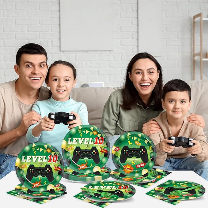 96Pcs 10th Birthday Video Game Party Decorations Green 10th Plates and Napkins Tableware Set Level 10 Dinnerware Party Supplies for Boys Gamer Gaming 10 Year Old Birthday Favors Serves 24 Guests