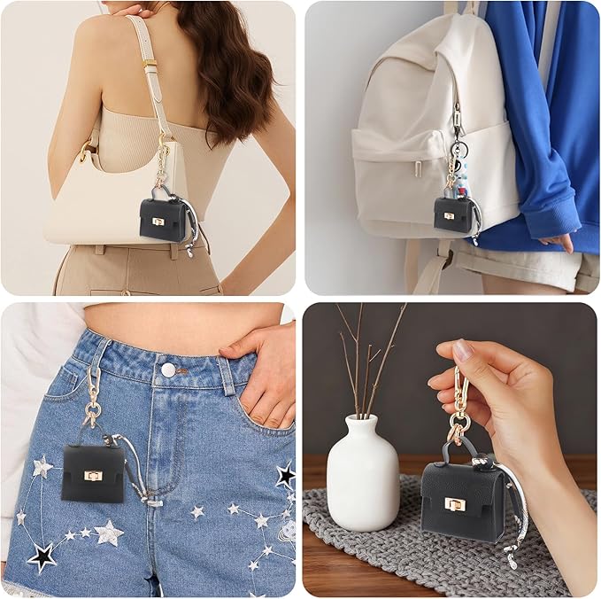 FENHIN Mini Backpack Keychain, Leather Small Coin Purse for Women, Cute Hand Bag Charms with Key Holder & Twist-lock (Black)