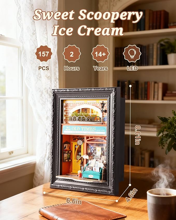 Rolife 3D Diorama Frame, Wall-Mounted Shadow Box & Dollhouse Display Case for & Christmas Decor, Unfinished Kit Beginner-Friendly Craft Kits, Christmas Memorial Gift for Families (Old Times Bookstore)