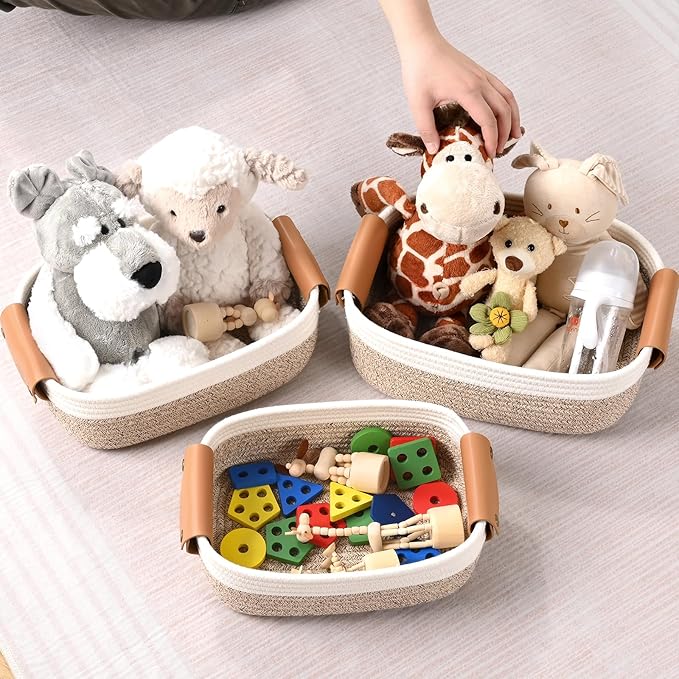 Storage Baskets for Organizing, Small Woven Basket Set of 6-4 Shelf Basket with Leather Handle and 2 Small Gift Baskets, Cotton Rope Basket for Shelves, Nursery, Dog Toy, Bathroom