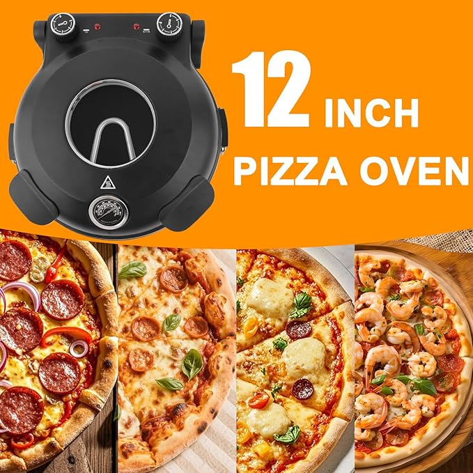 ECUMFFY Pizza Oven Indoor, 12 Inch Retro Pizza Maker, Rapid Heating 800˚F, 1200W Glazed Ceramic Stone Electric Pizza Cooker, Two-button Precise Temperature Control, Viewing Window for Precise Cooking