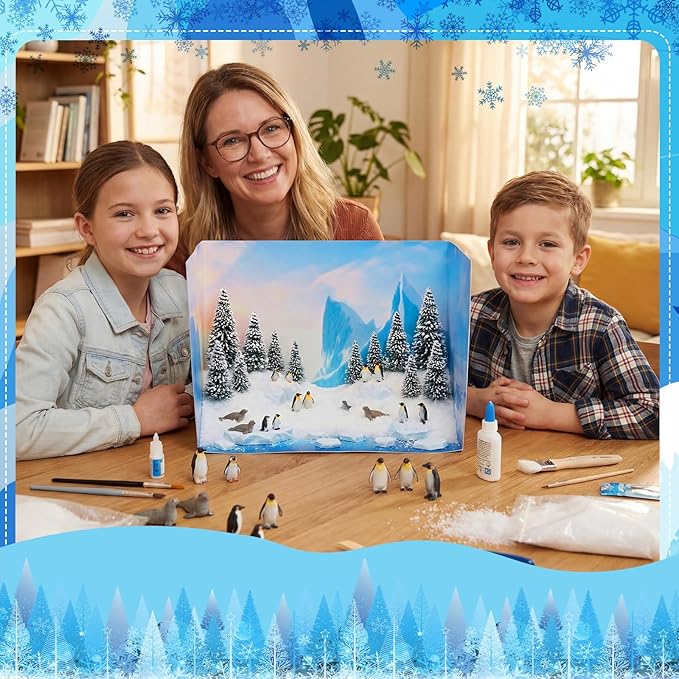 2 Set Arctic Style Habitat Diorama Box and Water Sticker Decor, Diorama Project Supplies Set, Cardboard Display Case Kit & Water Sticker with Double Sided Tapes for DIY Crafts Dollhouse