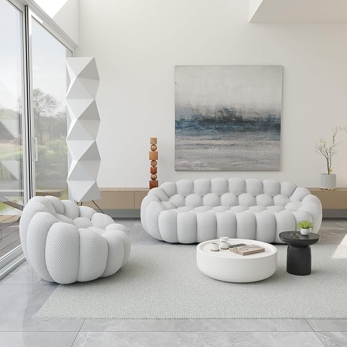 JACH 3 Seater Bubble Sofa and Single Seat Curved Couch, Comfy Upholstered Sofa, Mesh Fabric 3D Honeycomb Shape Modern Couch for Living Room, Office, Apartment, Small Space (Light Grey)