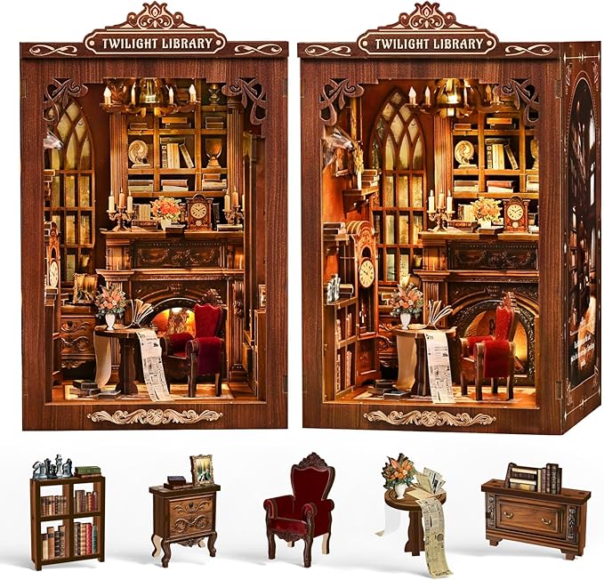 Book Nook Kit，DIY Miniature Dollhouse Kit for Adults and Teens，3D Wooden Tiny House for Family and Friends，Bookshelf Decor in Halloween/Christmas（Book Store） (Twilight Library)