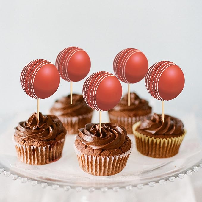 Ercadio 24 Pack Double Sided Cricket Cupcake Toppers Sports Ball Cricket Cupcake Picks Cricket Theme Birthday Cake Decorations for Baby Shower Kids Birthday Party Cake Decorations Supplies, Red-1