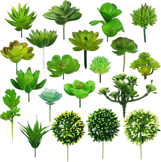 Woohome 20 PCS Artificial Succulent Plants, Green Fake Succulent, Unpotted Faux Succulent Assortment in Flocked Blue in Different Type for Birthday Home Decor Indoor Wall Garden DIY