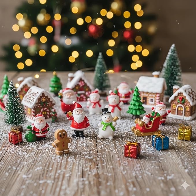 111PCS Mini Christmas Figurines Set, Hand-Painted Resin Miniatures for Crafts, Snow Globe Filler & Christmas Village Accessories, Santa Claus & Snowman Figurines, Trees, Stars, Gingerbread