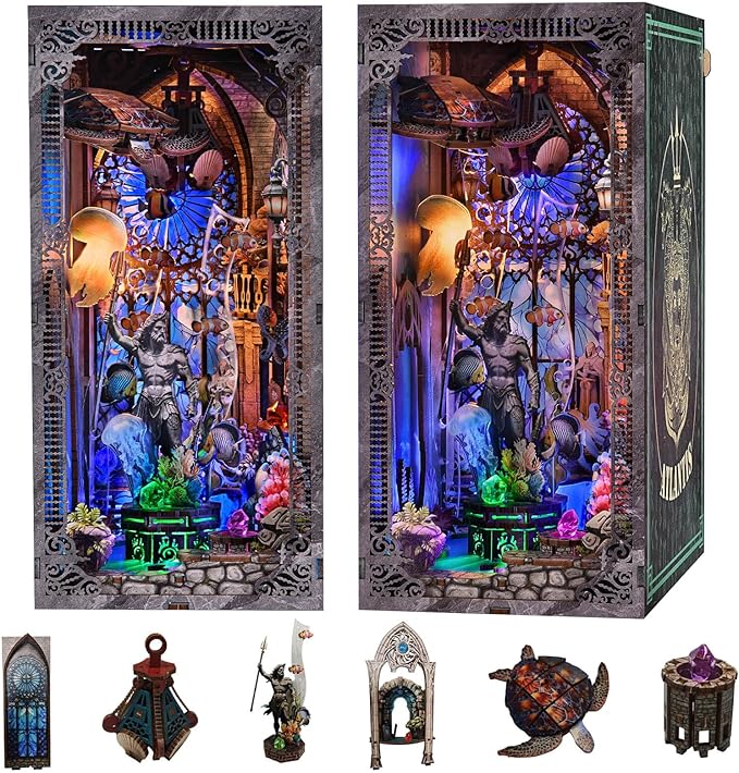 Book Nook Kit - Atlantis DIY Miniature House Dollhouse Kit for Adults and Teens, 3D Wooden Puzzle Bookend Bookshelf Insert Decor with LED Light, Gifts for Family and Friends