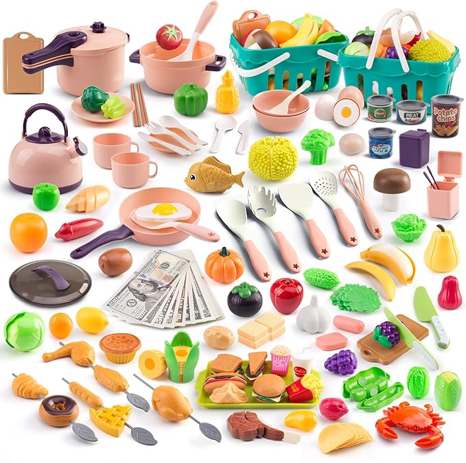 240Pcs Kids Mini Play Kitchen Accessories, Play Pans, Pots, Cookware with Desserts, Cuttable Veggies & BBQ Set & Storage Basket, Prop Money, Learning Gift for Child，Toddlers, Child, Pink