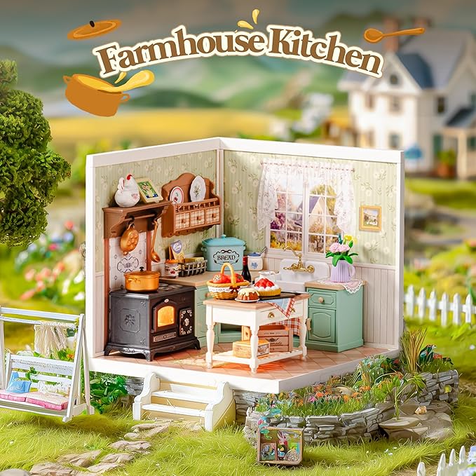 ROBOTIME Super Creator Kits, Plastic Mini House, Expandable Plastic Craft, DIY Miniature House Kit with LED for Adults, Building Set for Creative Play Unique Hobby Gift (Farmhouse Kitchen)