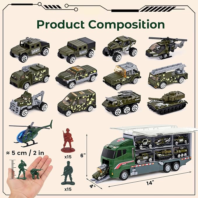 LovesTown 44PCS Large Military Truck Set, 13PCS Mini Die-cast Military Toy Cars in Carrier Truck with 30PCS Army Men Toy Soldiers for Kids Boys Birthday Party Favors