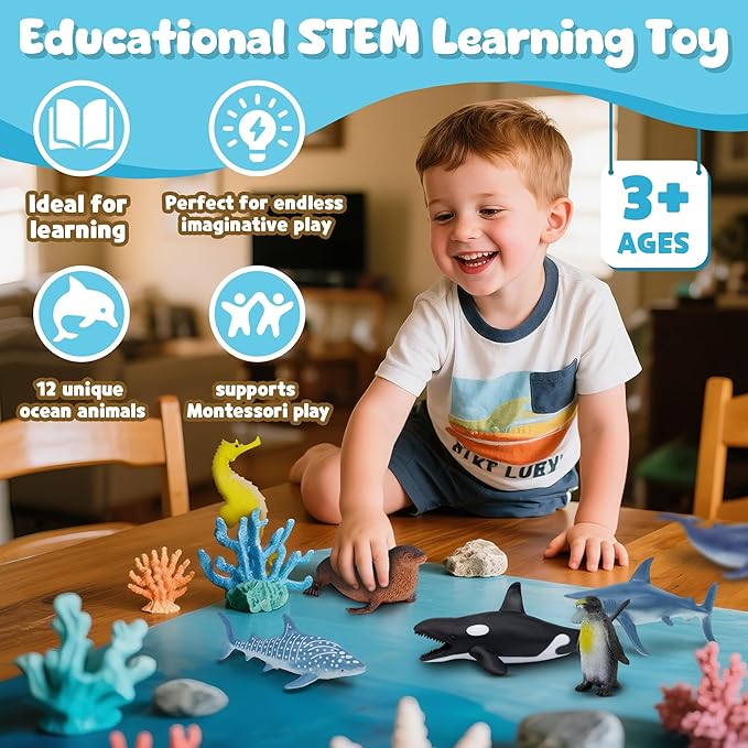 Ocean Sea Life Toy Figures Set for Kids, 12 PCS Realistic Marine Animals with Shark, Dolphin, Sea Turtle, Penguin, Seal, Clownfish, Crab, Ocean Animal Figure Toys for Boys Girls Toddlers
