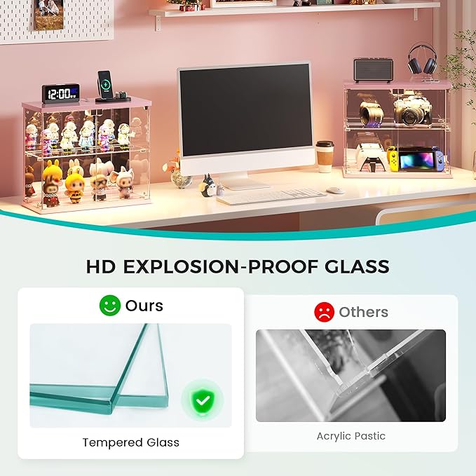 2pcs LED Clear Glass Display Case - for Figures & Collectibles, Small 2-Tier Display Cabinet with Charging Station, Display Box with Lights & Human Sensor, for Model Car, Perfume, Pink