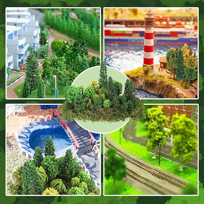 Tigeen 28 Pcs Model Trees Mixed Model with 1.4 Ounce Faux Green Moss Decor Tree Train Scenery Architecture for DIY Crafts, Building, Scenery Landscape(Natural Green)