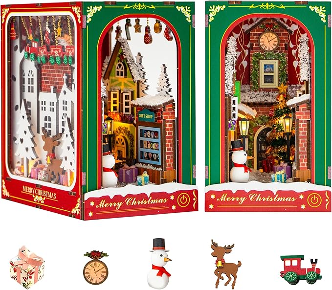 Flever Dollhouse Miniature DIY House Kit Creative Bookend with Furniture for Romantic Artwork Gift(Winter of Christmas)