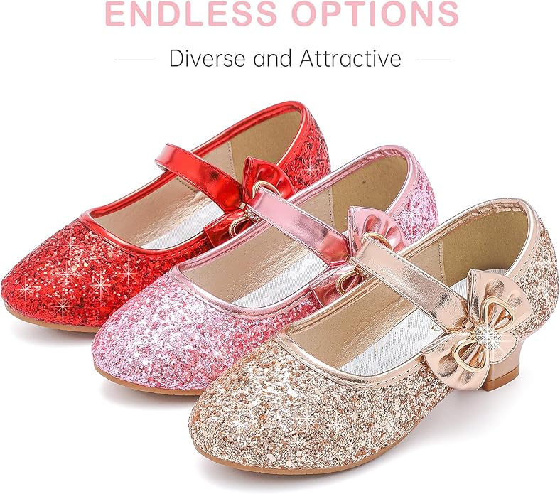 Dufannie Girls Dress Shoes Low Heel Princess Flats Mary Jane Flower Wedding Party Glitter Shoes for Kids Toddler