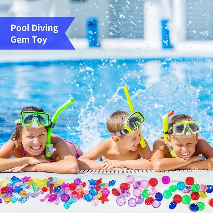cntjv 60+ Pcs Diving Gems Pool Toys Includes 15 Pcs 1.57in Large Colorful Acrylic Plastic Diamond and 45+ Pcs Fake Seashells for Kids Pirate Treasure Mermaid Hunt Games Swimming Party Favors