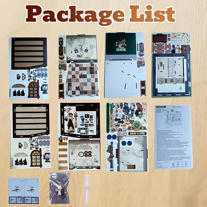 3D Wooden Puzzles Book Nook Kits for Adults Miniature House Building Kits, DIY Tiny Wooden Crafts Model Bookshelf Decor with LED Lights, Gifts for Family, Friends, Christmas(Coffee Shop)