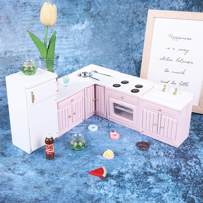 Haomian Dollhouse Kitchen Furniture Kit 1:12 Dollhouse Miniature Wooden Kitchen Cabinet Fridge Set Dining Room Furniture for 1:12 Doll House Miniatures Scenes Accessories