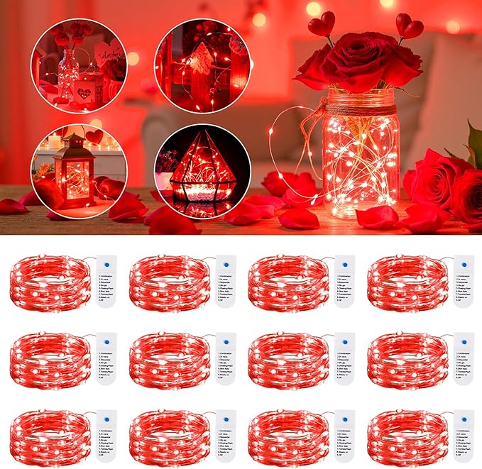 Minetom 12 Pack Red Christmas Lights, 7ft 20 LED Fairy Lights Battery Operated String Lights, Valentines Day Decorations, 8 Modes Timer Waterproof Silver Wire Twinkle Lights, Valentine's Day Lights