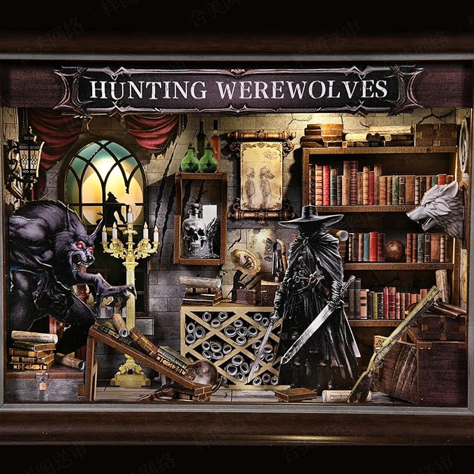 Book Nook Kit-3D Wooden Puzzle with LED Switch Control & Wall-Mountable Frame,DIY Miniature House for Beginners,Bookshelf/Tabletop/Wall Decor for Craft Lovers,Dollhouse Gift,Hunting Werewolves