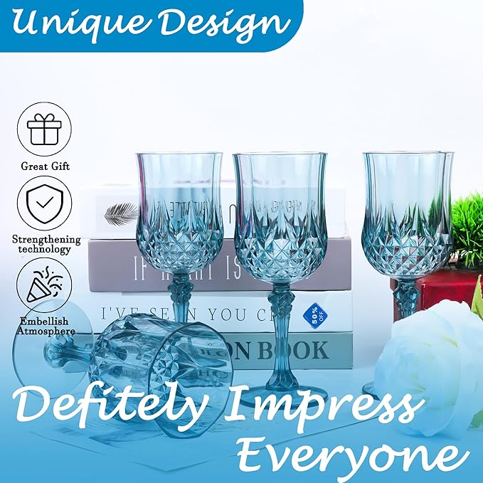 LEYIQU Plastic Wine Glasses, Plastic Goblets Vintage Style Cordial Drinking Glasses for Valentine’s Day, Wedding Reception, Grand Event Party Supplies (24, Dusty Blue)