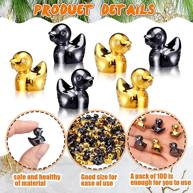 100 Pcs Shiny Mini Duck Figures Colorful Tiny Duck Decor Micro Landscape Aquarium Garden Hide and Seek Decoration Charm for Party Gift(Gold and Black)