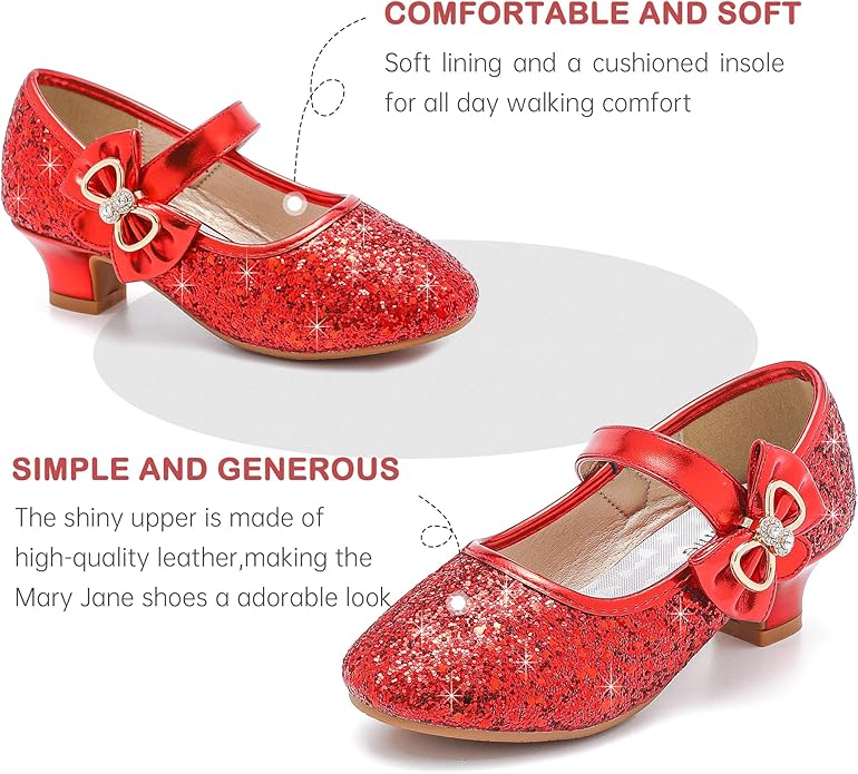 Dufannie Girls Dress Shoes Low Heel Princess Flats Mary Jane Flower Wedding Party Glitter Shoes for Kids Toddler