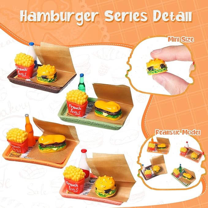 Civaner 50 Pieces Dollhouse Miniature Fast Food Accessories Set Christmas Mini Food Mixed Resin Drink Mini Hamburger Fries Juice Milk Bread Jam Cup Doll Kitchen Pretend for 1:12 Dollhouse