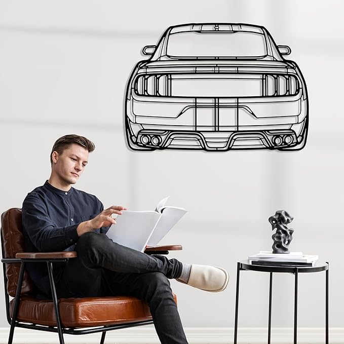 DecoSoul Mustang Metal Car Wall Art, Sports Car, Automotive Silhouette Line Decoration, Minimalist Sculpture for Garage, Indoor Outdoor Wall Hanging, Gift for Boyfriend (Black - 55 x 15.1” inch)