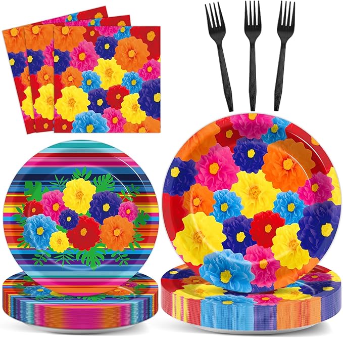 96 Pcs Mexican Fiesta Plates and Napkins Party Supplies Fifth of May Tableware Mexican Theme Birthday Party Decorations Fiesta Flowers Stripes Paper Dinnerware for Taco Weddings Baby Shower 24 Guests