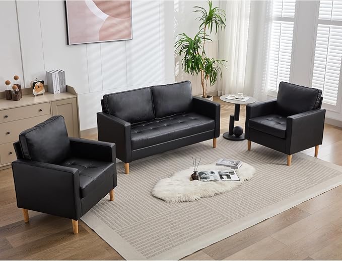 TYBOATLE 57" Faux Leather Loveseat for Living Room, Comfy Mid-Century Modern Tufted Loveseat, 2 Seater Office Small Couch for Small Space Bedroom, Black